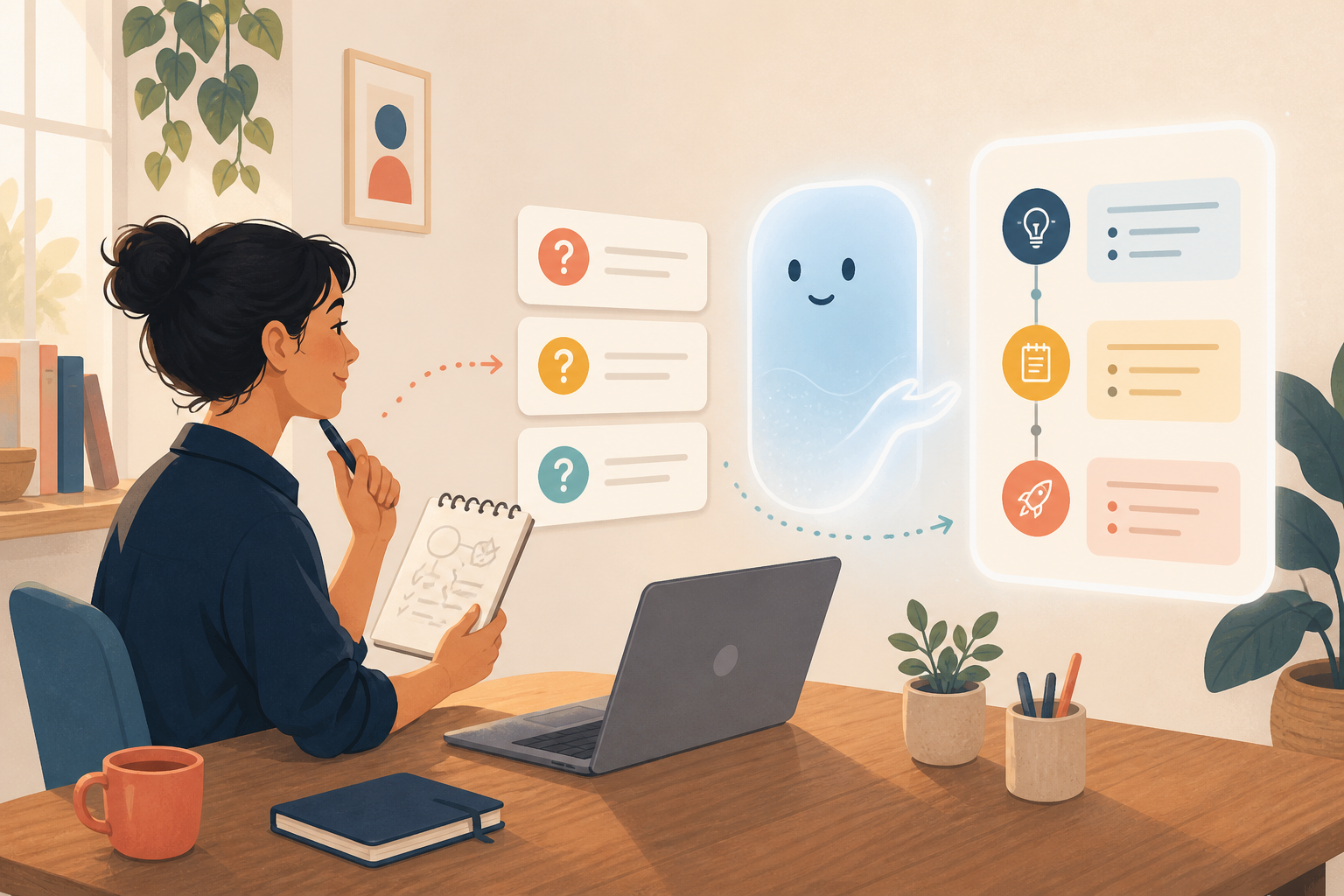 A solo professional turns a rough idea into a clear plan by answering an AI agent's questions.